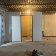 Sheetrock installed on the new restroom in the beginners class room