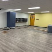 Flooring, carpet, and drop-in ceiling installed in Preschool classroom